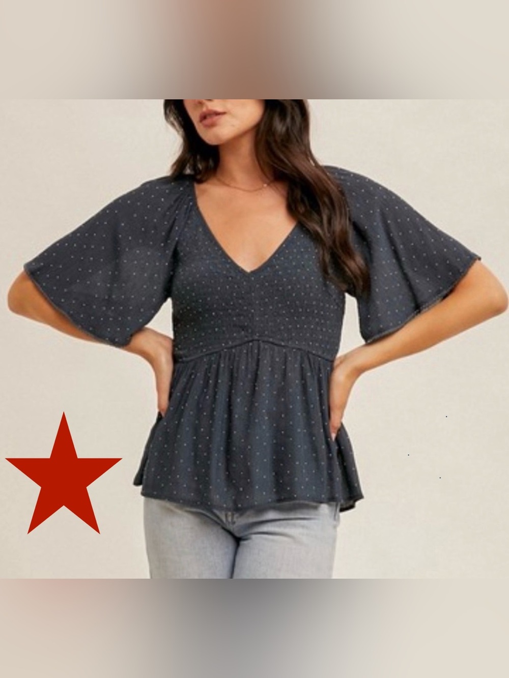 Hem & Thread Navy Rhinestuds V-Neck Peplum Blouse